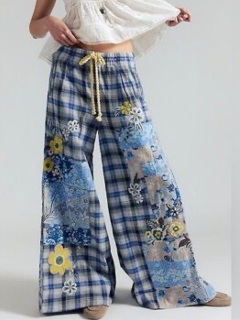 Free People Sz M Pants Brooks Embroidered Wide Leg Patchwork Blue Floral Boho